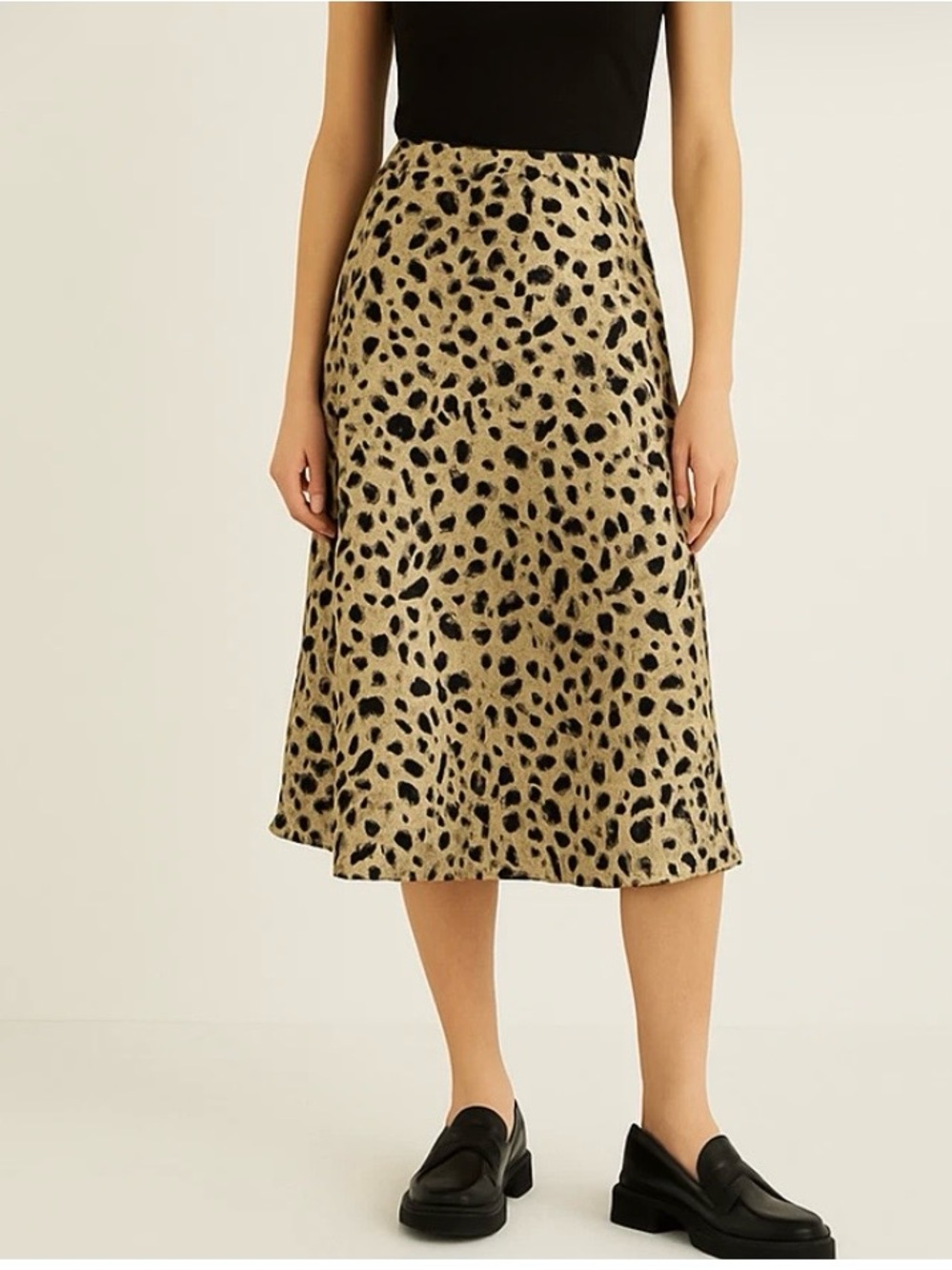 Kourt‎ Anthropologie Satin Tan Black Leopard Print A-Line Midi Skirt Sz M~NWT